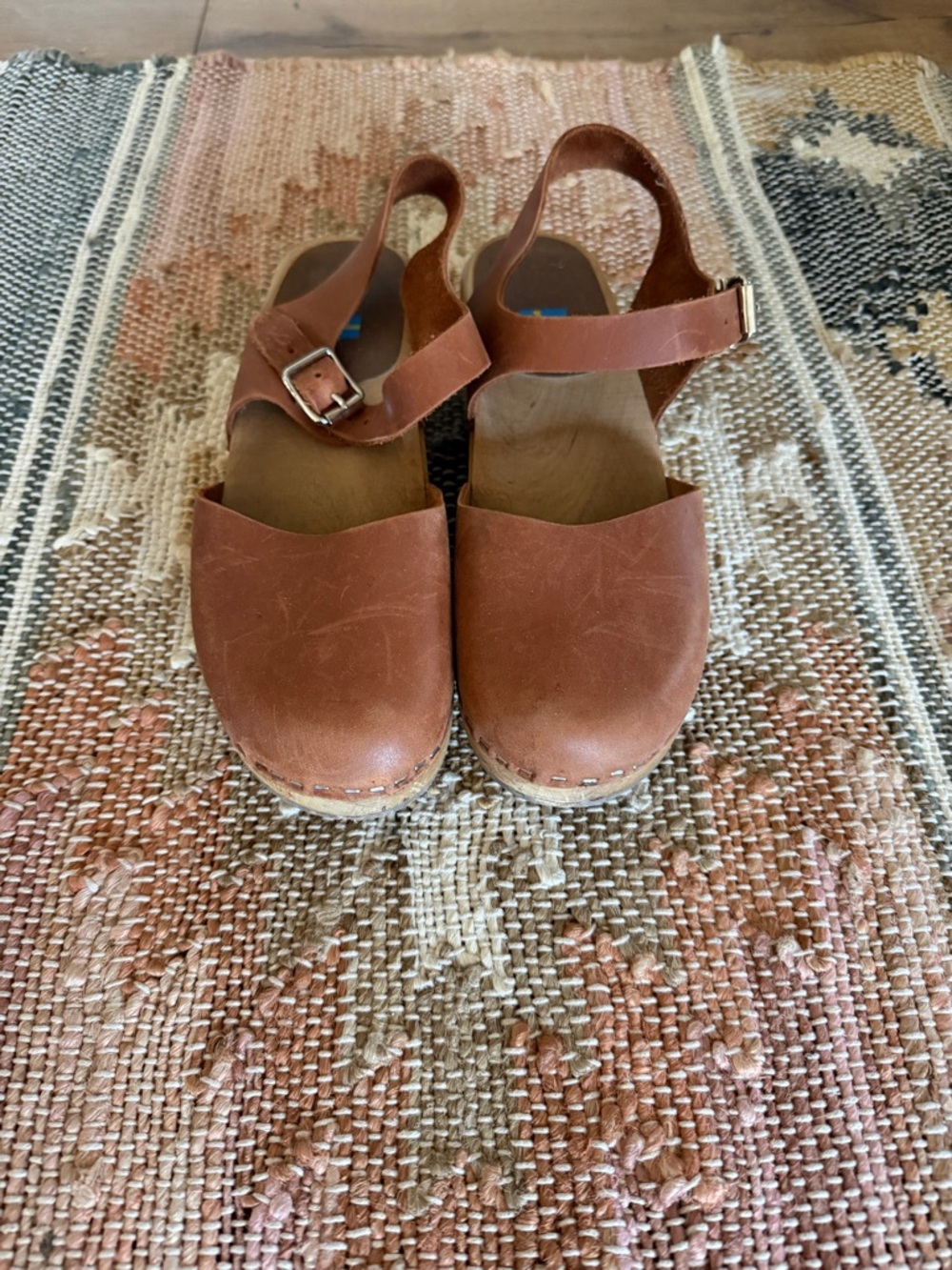 MIA Namby Made In Sweden Wooden Clog Strappy Buckle Brown Leather Size 39/8.5 US